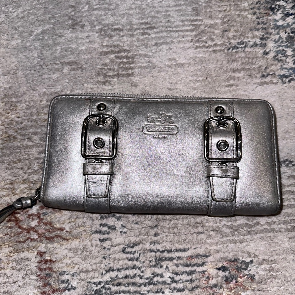 Coach Metallic Silver Wallet with Dual Buckles